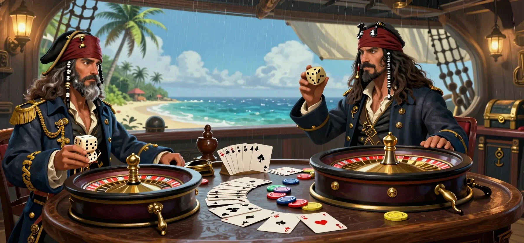Cherry Casino table games with roulette, cards, dice and gaming tokens